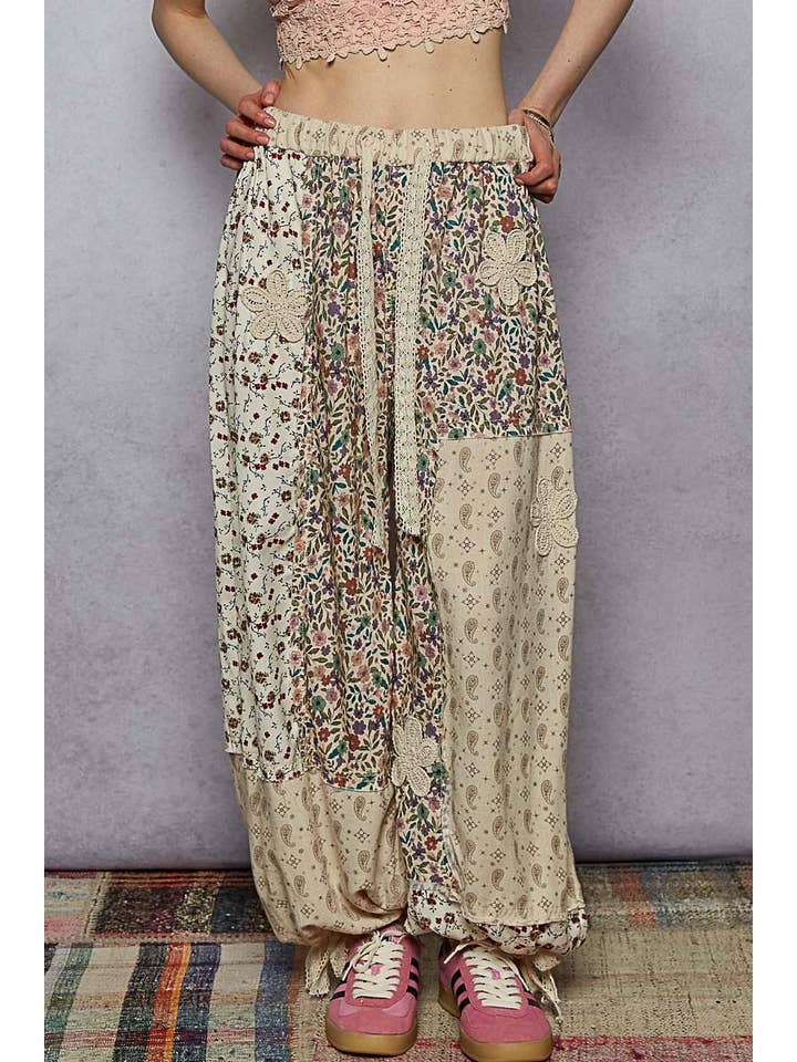 Pol Clothing - Wholesale Pants - Women's - Crochet patch detail contrast patchwork printed woven pants16