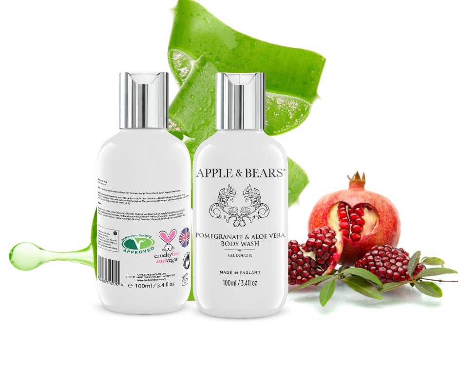 APPLE & BEARS – Großhandel Bade- & Körperpflege-Set – Reiseset mit Granatapfel und Aloe Vera, Wash & Lotion, 100 ml/3.45