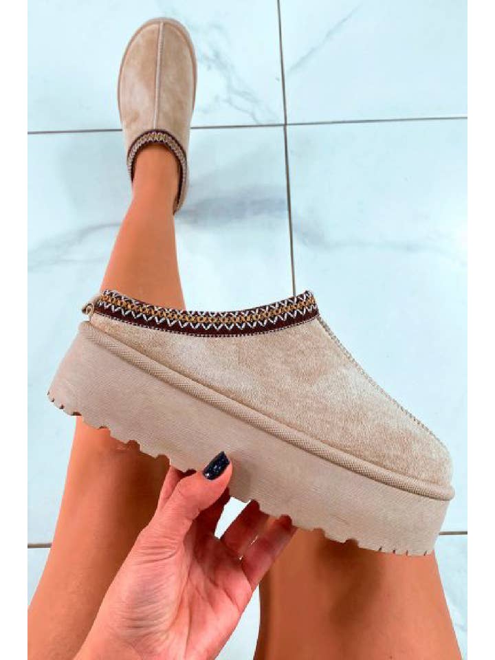 No Doubt Shoes - Wholesale Slides - Women's - Women's Faux Fur Lined Slipper Platform Sliders Aztec Mules 24