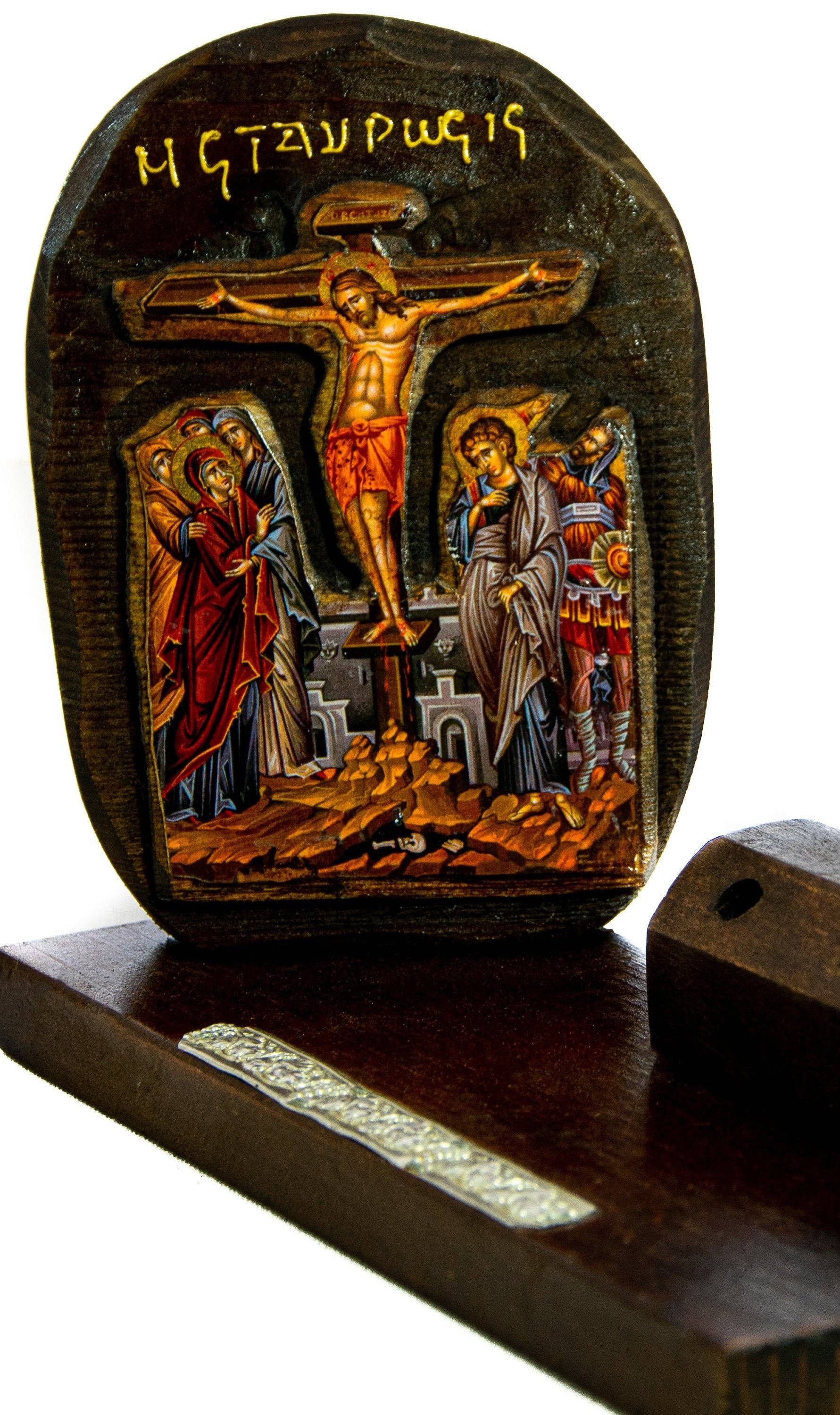 TheHolyArt - Wholesale Pencil Holder - Crucifixion icon and Pencil holder 25x10cm, Handmade Greek Orthodox icon, Byzantine art pencil holder on wood, religious decor0
