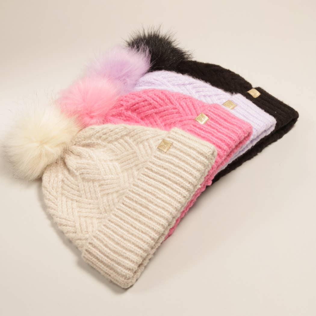 Fashion City - Wholesale Beanie - Dames - Chevron-gebreide muts met pompon van imitatiebont9