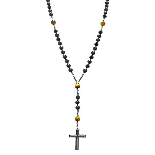 AMORINO SRL – Colar em Y/lariat por atacado – Colar Terço de Pedra com Cruz de Hematita - KM24184A9406