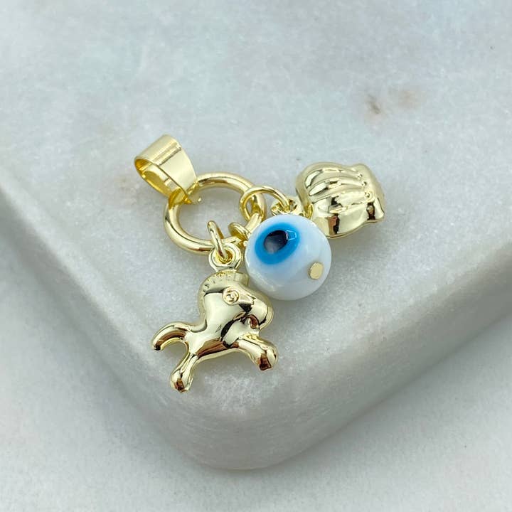 Luxus Accessories - Wholesale Individual charm/pendant - 18k Gold Filled Protection Amulet with Playful Horse, Evil Eye and Crown Charm, Protection against the Evil Eye Charm5