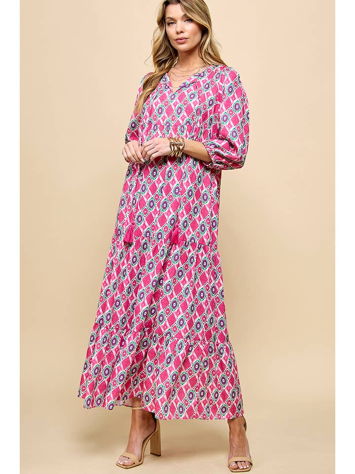 Cezele - Wholesale Dress - Women's - 3/4 Lantern Sleeve Print Boho Maxi Dress4