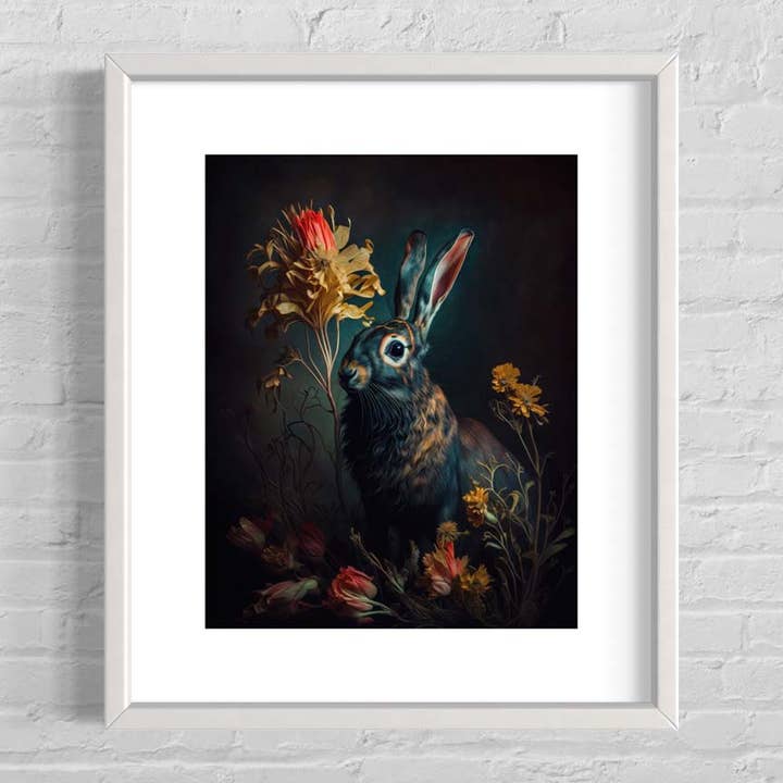 Salty Alyce - Vendita all'ingrosso Stampa artistica - Coniglio vintage Moody in pittura floreale antica AS1364