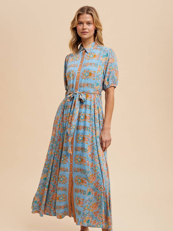In Loom - Wholesale Dress - Women's - BORDER PRINT BUTTON DOWN MAXI DRESS