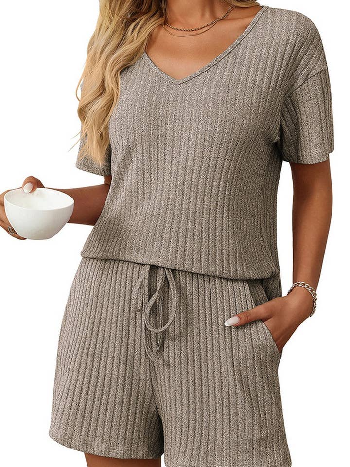 NINEXIS - Vente Ensemble de vêtements d'intérieur – femme - ENSEMBLE DE MAISON À MANCHES COURTES RAYÉ DE COULEUR UNIE CWSTB16633