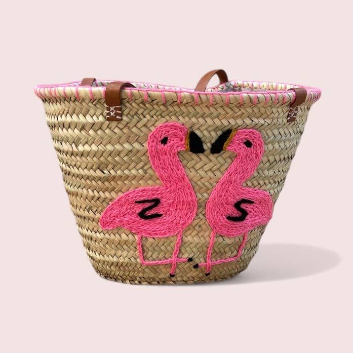 Handwoven Straw Basket with Leather Handles - Flamingo for wholesale by Melecraft
