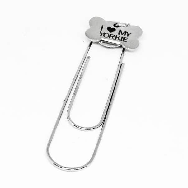 I Love My Yorkie Paperclip Bookmark Stainless Steel Engraved Dog Bone Charm for wholesale by JKCE Designs