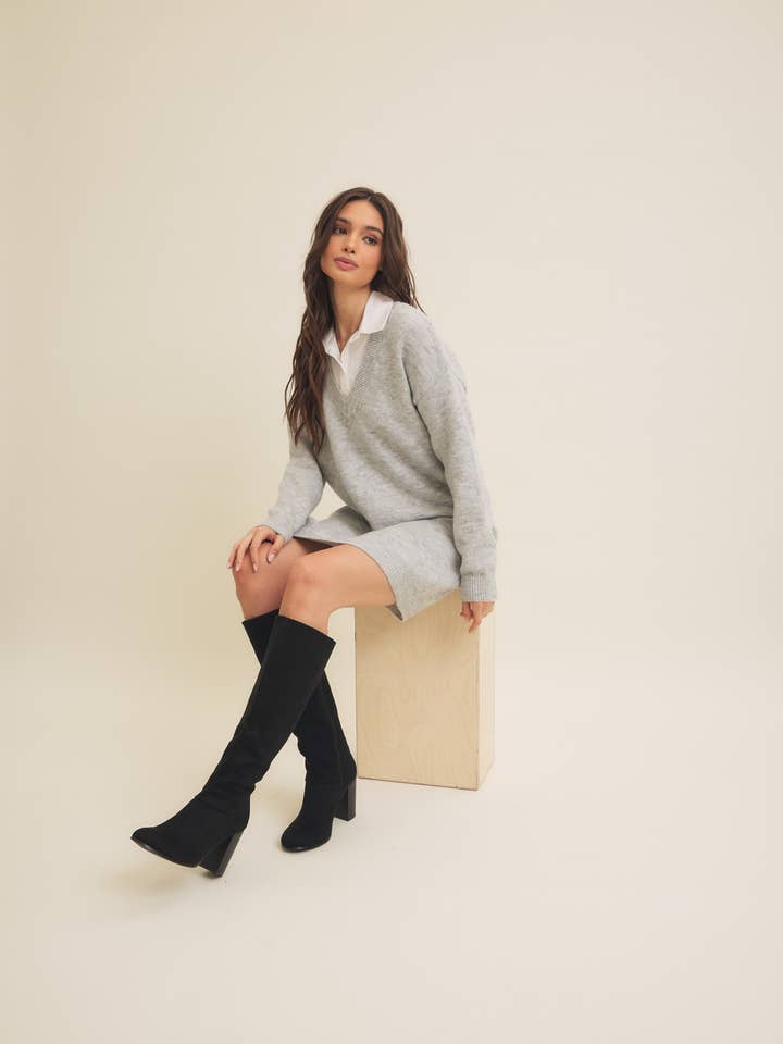 in february - Wholesale Dress - Women's - MIXED MEDIA SOFT SWEATER SHIRT MINI DRESS