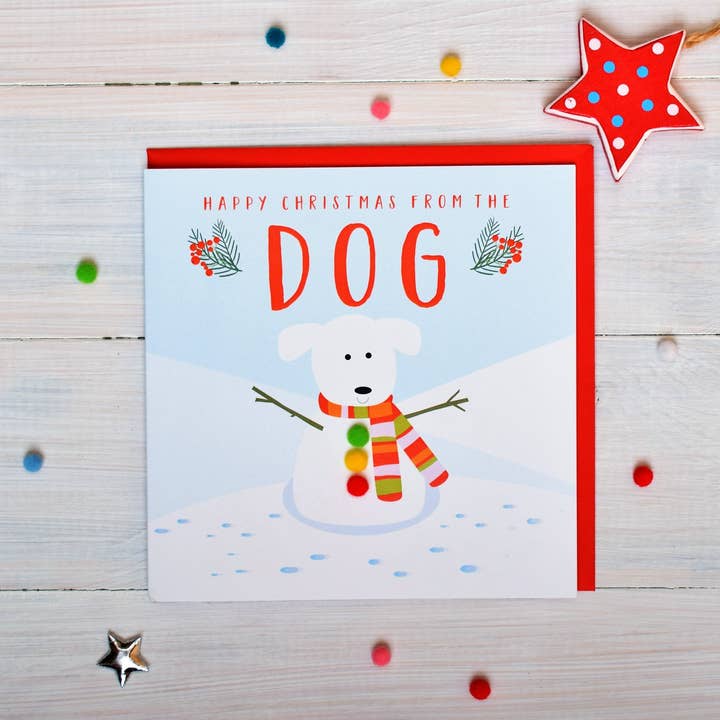 Carte de Noël, Snowdog, Joyeux Noël de la part du chien, ornée de pompons pour la vente par Claire Giles Ltd