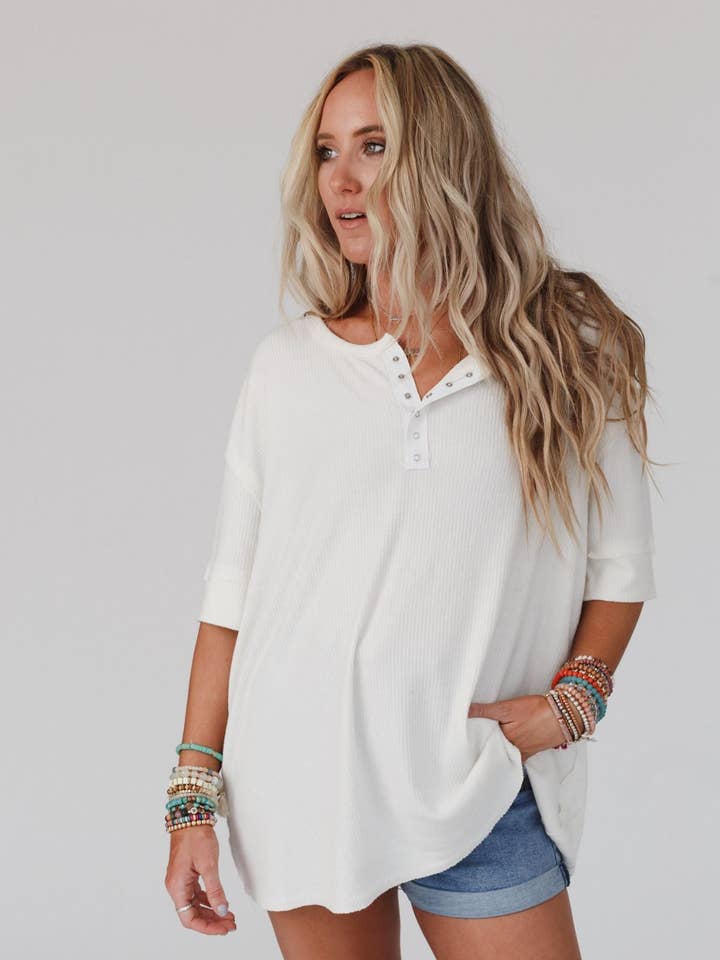 Leila Ribbed Henley Top - Ivory for wholesale by Three Bird Nest