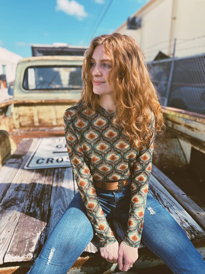 Lil Bee's Bohemian Brand - Wholesale Knit Top - Women's - PRE PACK Vagabond Retro Green Tulip Mesh Top (1S-2M-2L-1XL)