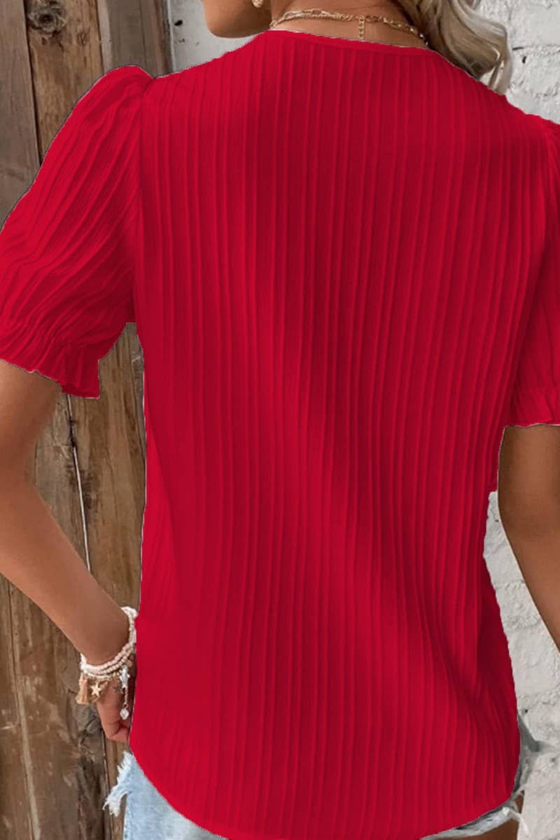 NINEXIS - Vente Chemisier – femme - CWTBLS1468_CHEMISE UNIE À MANCHES COURTES À COL EN V AJOURÉ9