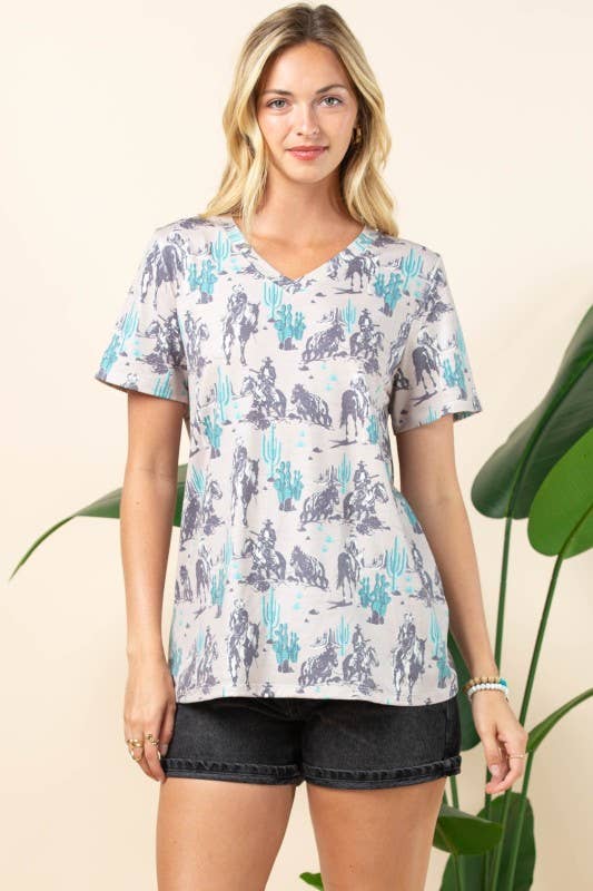 Grey Teal AT1303-BARB WESTERN PRINT SHORT SLEEVE V-NECK TEE for wholesale on Faire8