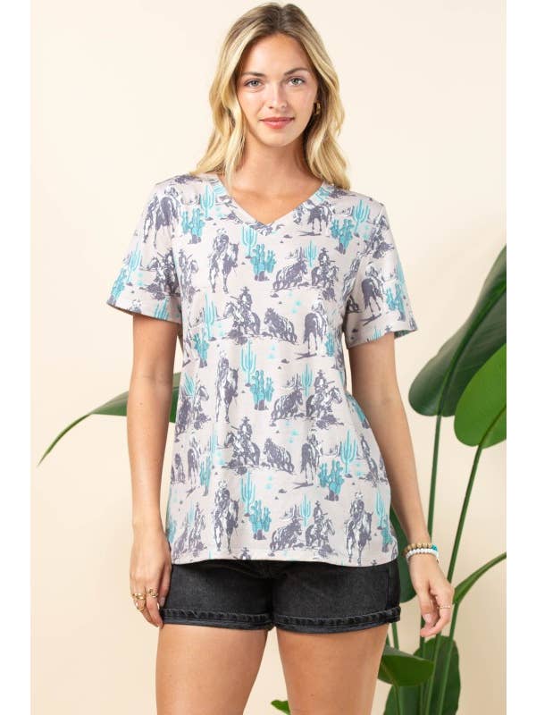 Grey Teal AT1303-BARB WESTERN PRINT SHORT SLEEVE V-NECK TEE for wholesale on Faire8
