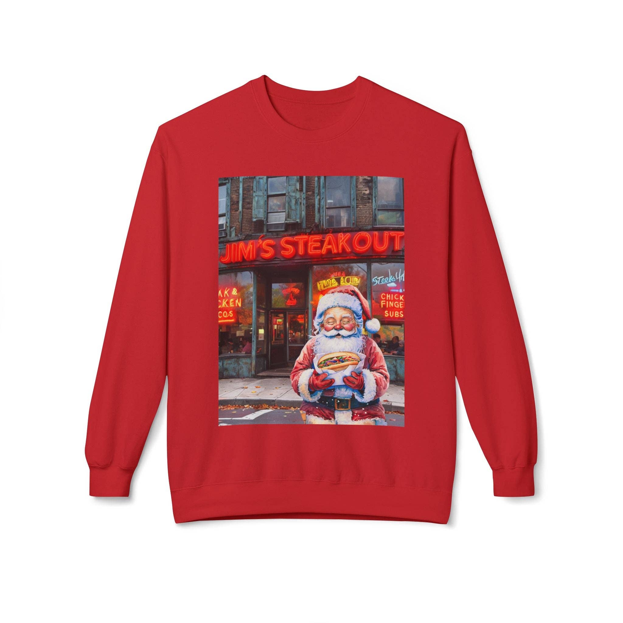 Buffalovely - Wholesale Graphic Sweatshirt - Unisex - Santa with a Hoagie at Jim's Steakout Unisex Cozy Crewneck Sweatshirt8