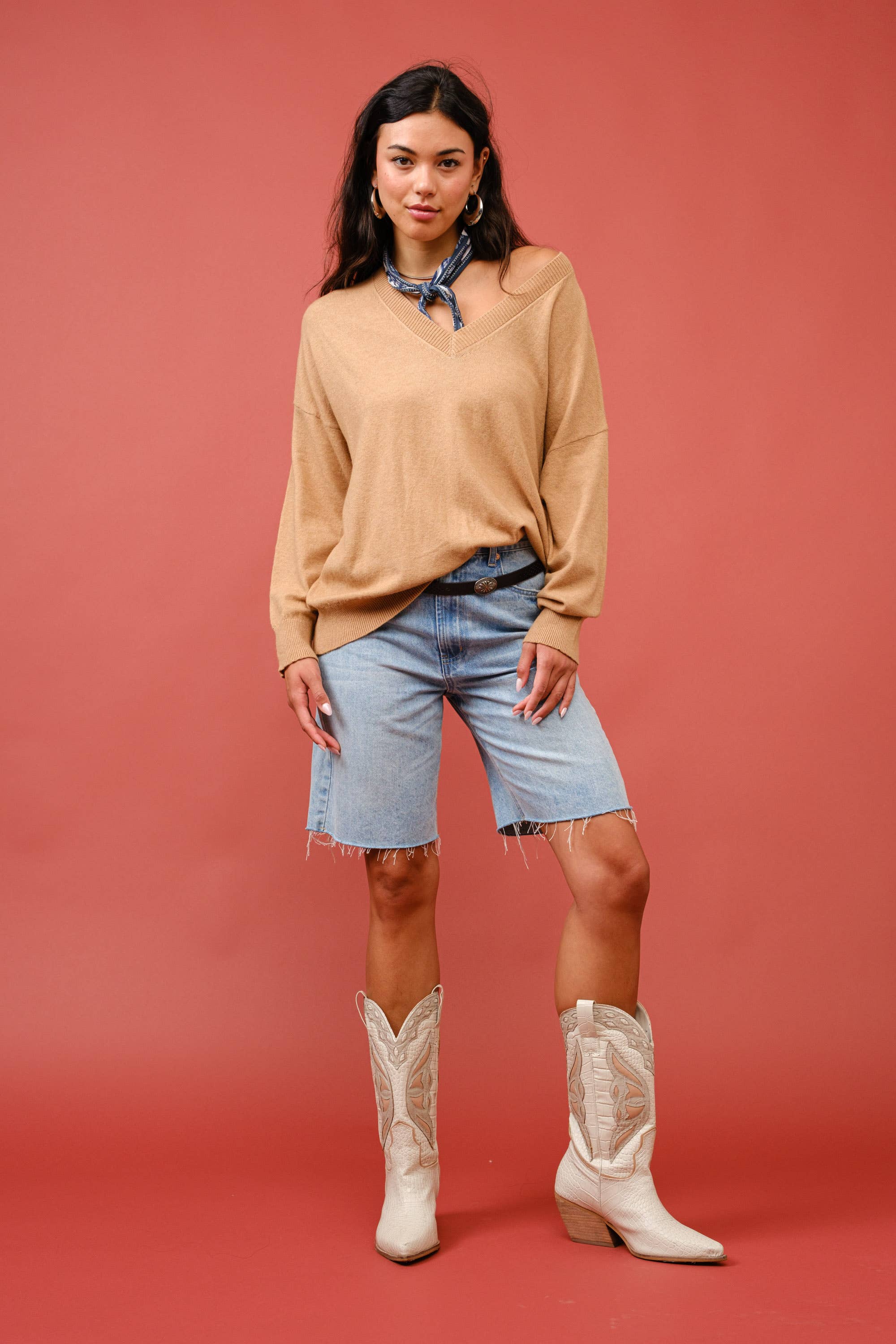 Signature 8 – Pulôver - Mulher por atacado – Suéter Oversized de Cashmere com Decote V e Mangas Longas S63127