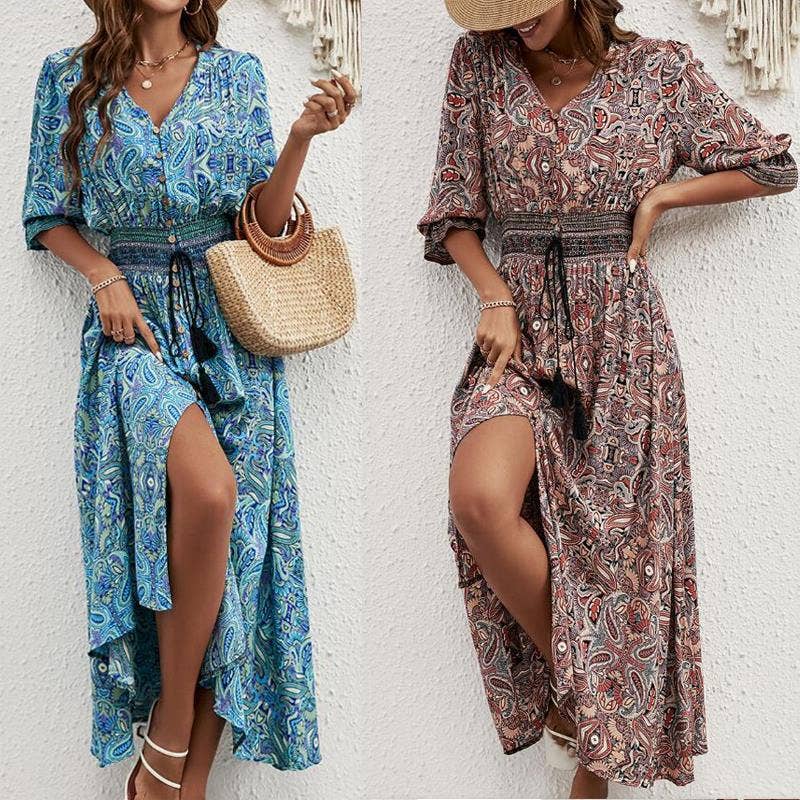 Masyal - Vente Robe – femme - Robe boutonnée à manches trois-quarts style bohème3