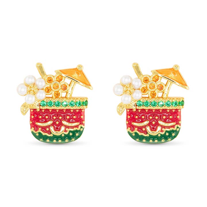 Boucles d'oreilles émaillées dorées boisson tropicale pour la vente par Amanda Blu