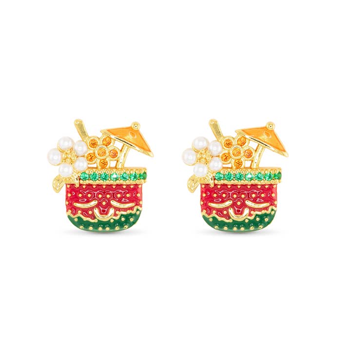 Gold Enamel Tropical Drink Earrings for wholesale by Amanda Blu