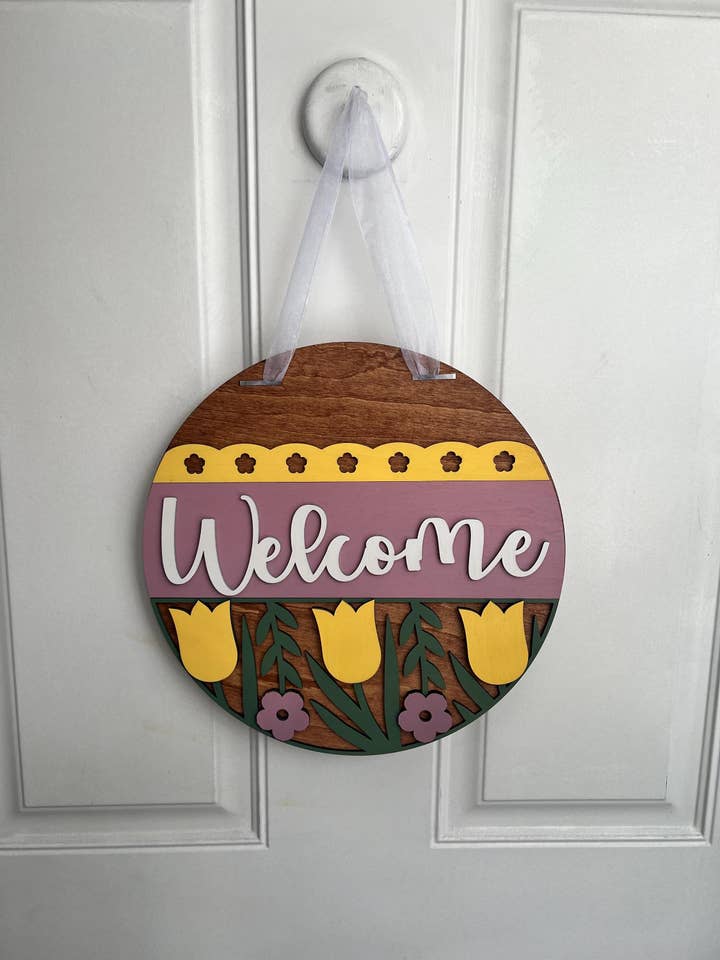 Spring Tulip Wooden Round Door Hanger with Flowers Decor for wholesale by 347 Laser Customs