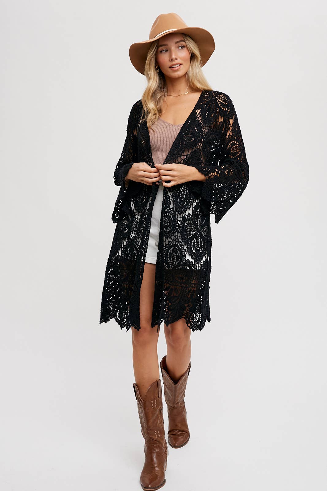 Bluivy - Vente Cardigan – femme - Cardigan en crochet ouvert à manches cloche, longueur genou3