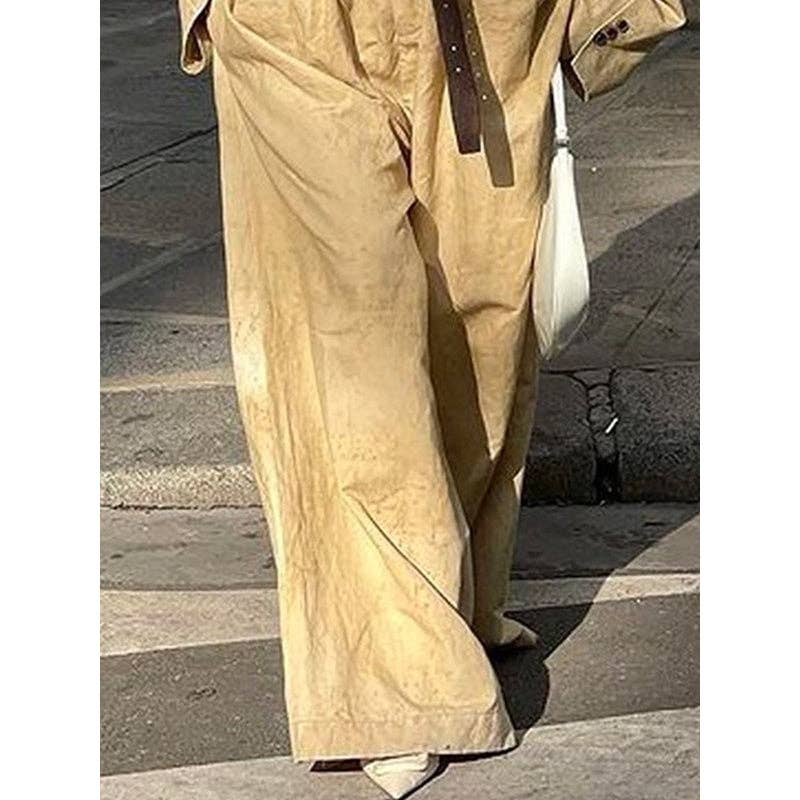 kycozy - Venta al por mayor Conjuntos de top y pantalón (NO para estar en casa) - Mujer - Conjunto de dos piezas: Top exterior sin cuello con mangas largas abotonado + Mono de pierna ancha con cinturón.6