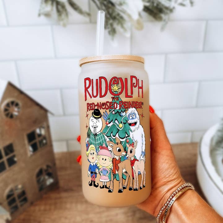 Julehjorte Karakterer Glas Krus Med Låg og Sugerør for engroshandel hos Sip-Sip Hooray!