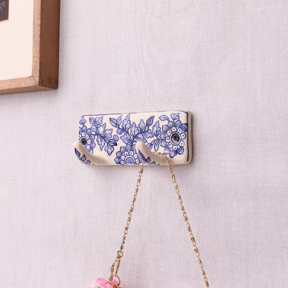 1 Piece Ceramic Floral Adhesive Wall Hooks Blue and White for wholesale on Faire1