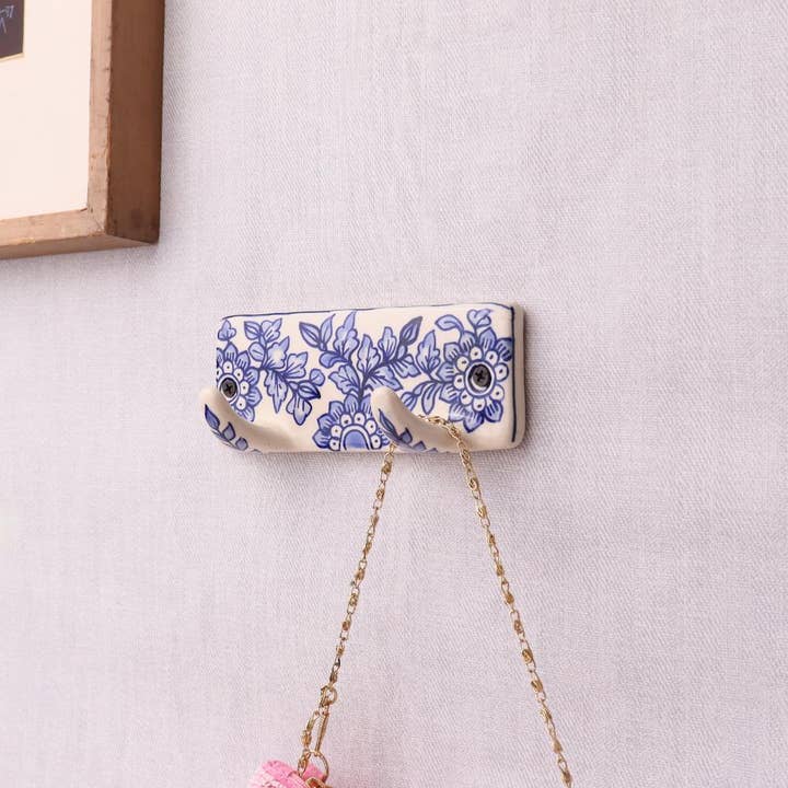 1 Piece Ceramic Floral Adhesive Wall Hooks Blue and White for wholesale on Faire1