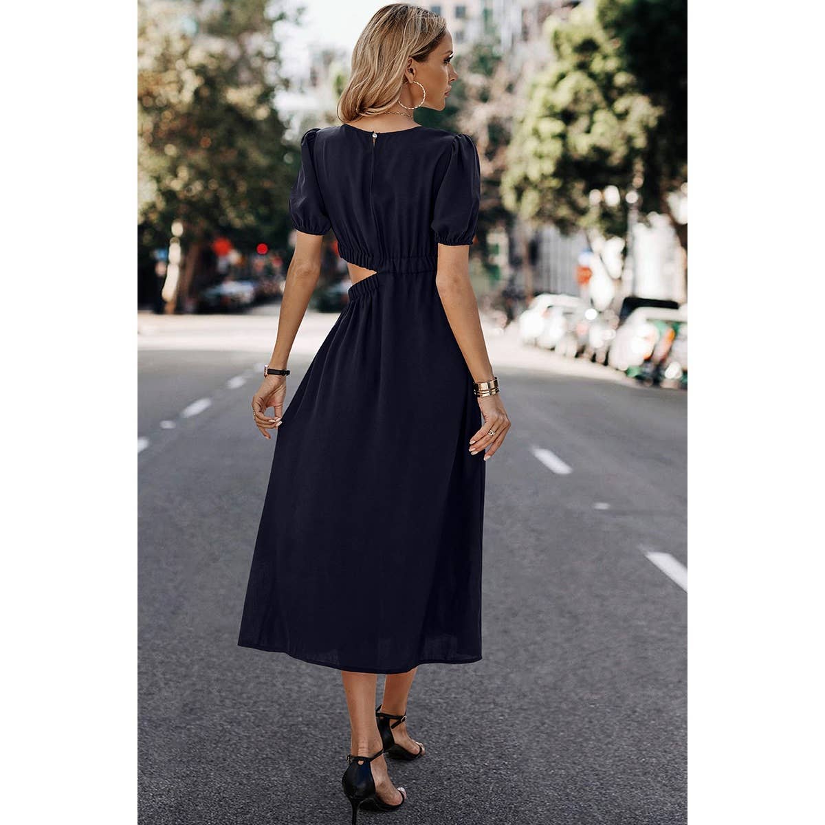 Elings - Wholesale Dress - Women's - Solid Round Neck Cutout Waist A Line Midi Dress5