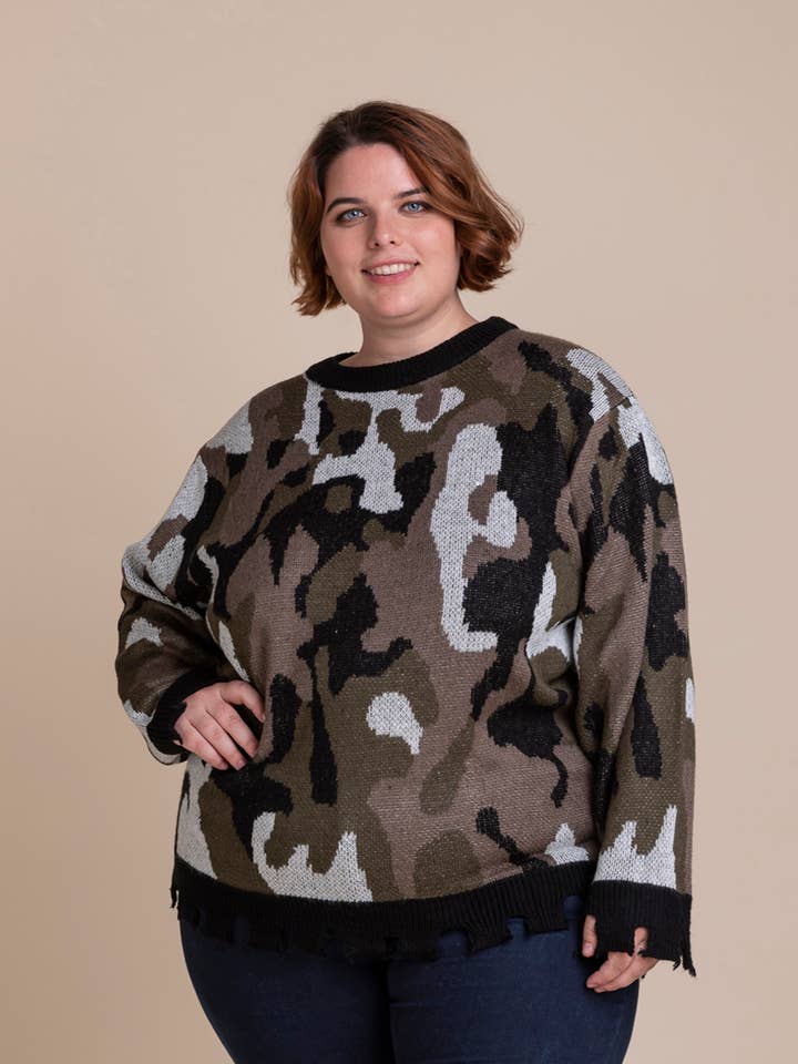 Plus size military print sweater (JX100) for wholesale by Pomme Rouge Paris