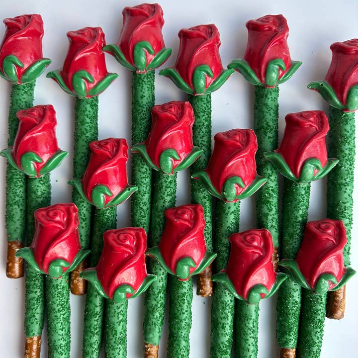 Delightful Chocolates - Wholesale Chocolate Covered Sweets - Long Stem Rose Chocolate Covered Pretzel Rods