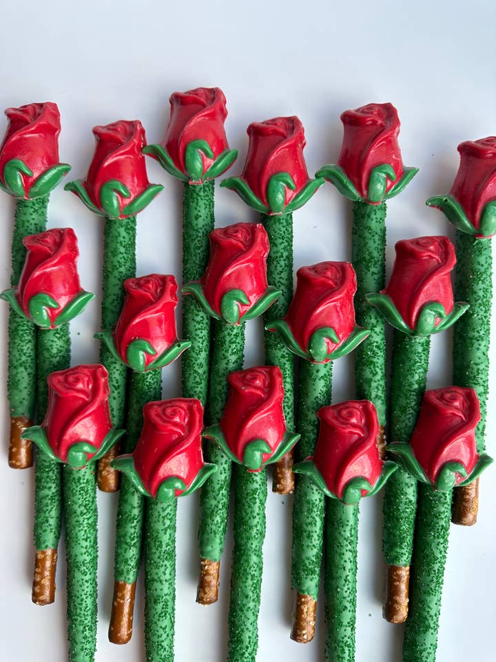 Long Stem Rose Chocolate Covered Pretzel Rods for wholesale by Delightful Chocolates