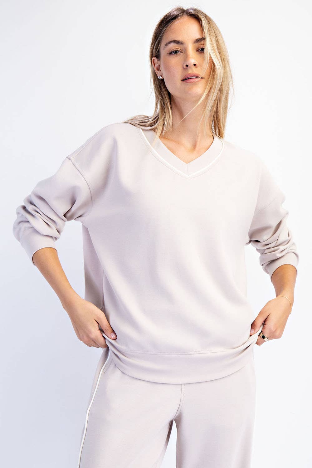 Rae Mode - Wholesale Lounge Top - Women's - MODAL SCUBA V NECK PIPING TOP12