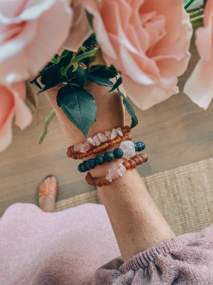 Adult: Raw Cognac Amber + Raw Rose Quartz Stretch Bracelet for wholesale by CanyonLeaf