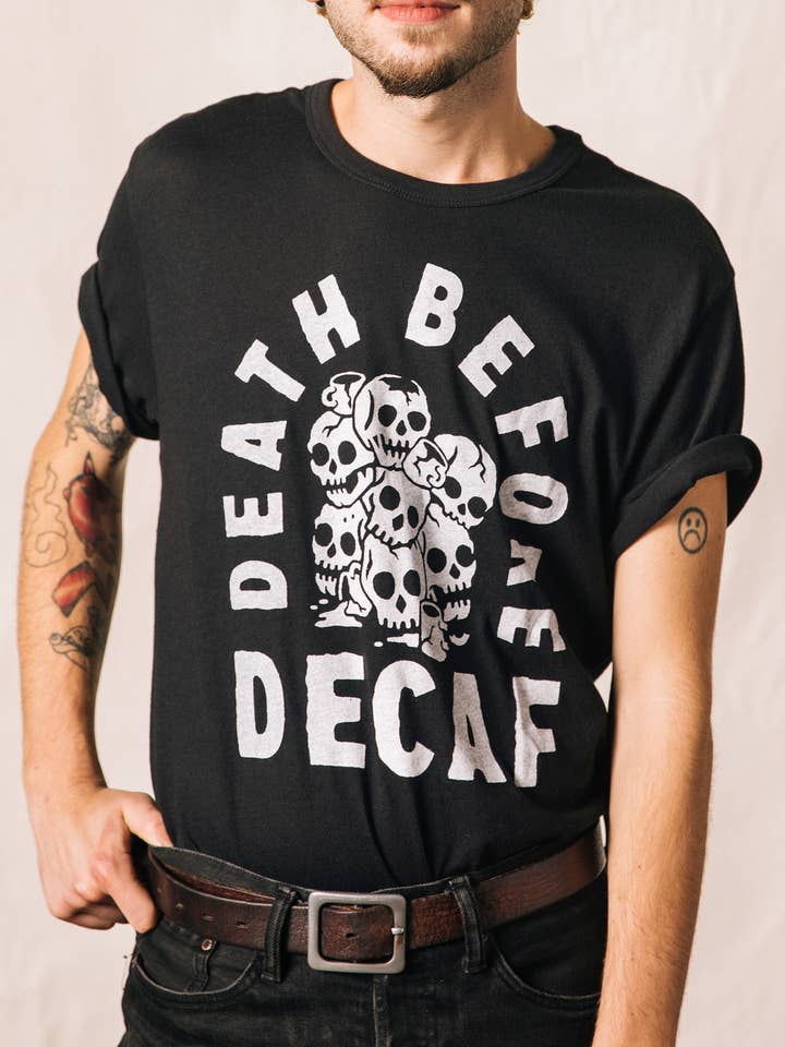 Pyknic - Wholesale Screen Printed T-Shirt - Unisex - Death Before Decaf Coffee Vintage Style Graphic Tee Adults4
