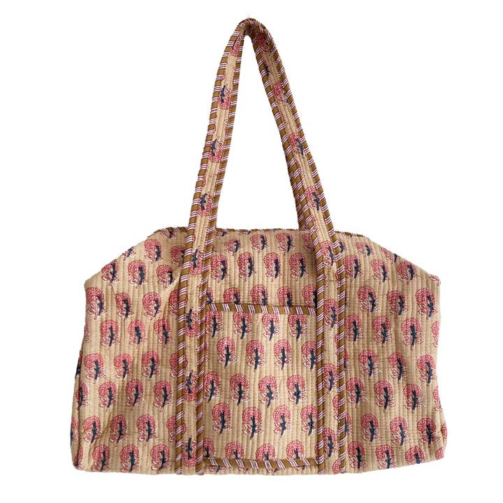 Block Print Flower Cotton Quilted Weekend Duffle Bag for wholesale by Hayley & Co