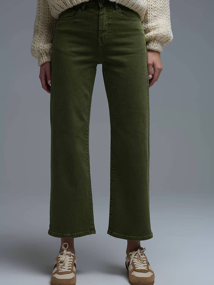 Cropped wide leg jeans in olive green for wholesale by Q2—All Orders:Free Duties for the US,UK,and Canada