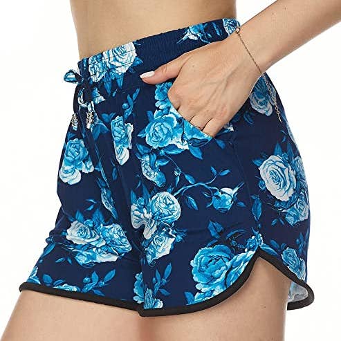 Vivid Blue Floral Drawstring Dolphin Shorts with Pocket S/M for wholesale by Fennco Styles
