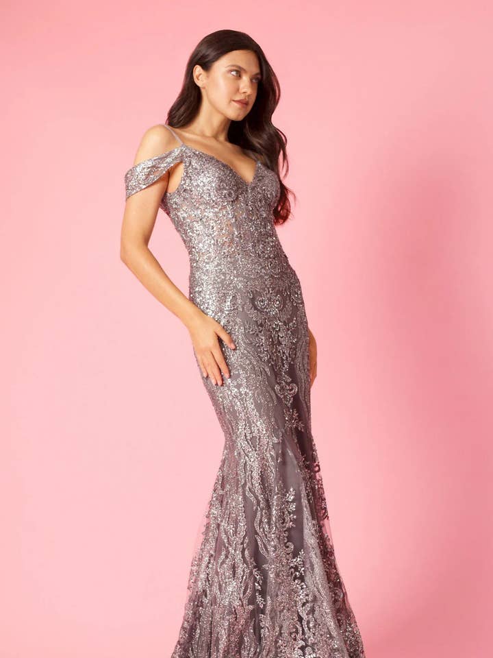 Kos Couture - Wholesale Gown - Women's - Off Shoulder Sequin Corset Formal Dress Gold