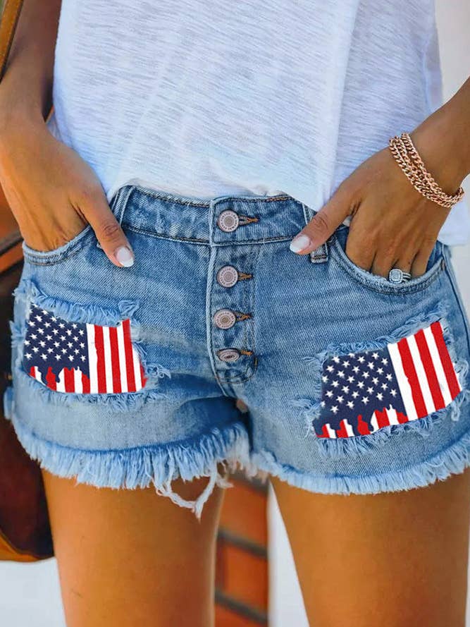 Pantaloncini in denim con orlo grezzo con strappi patchwork XYK013 per la vendita all'ingrosso da parte di UNISHE