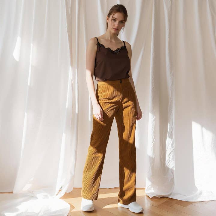 Pleione Women's Corduroy Wide Leg High Waist Pants in Dijon for wholesale on Faire