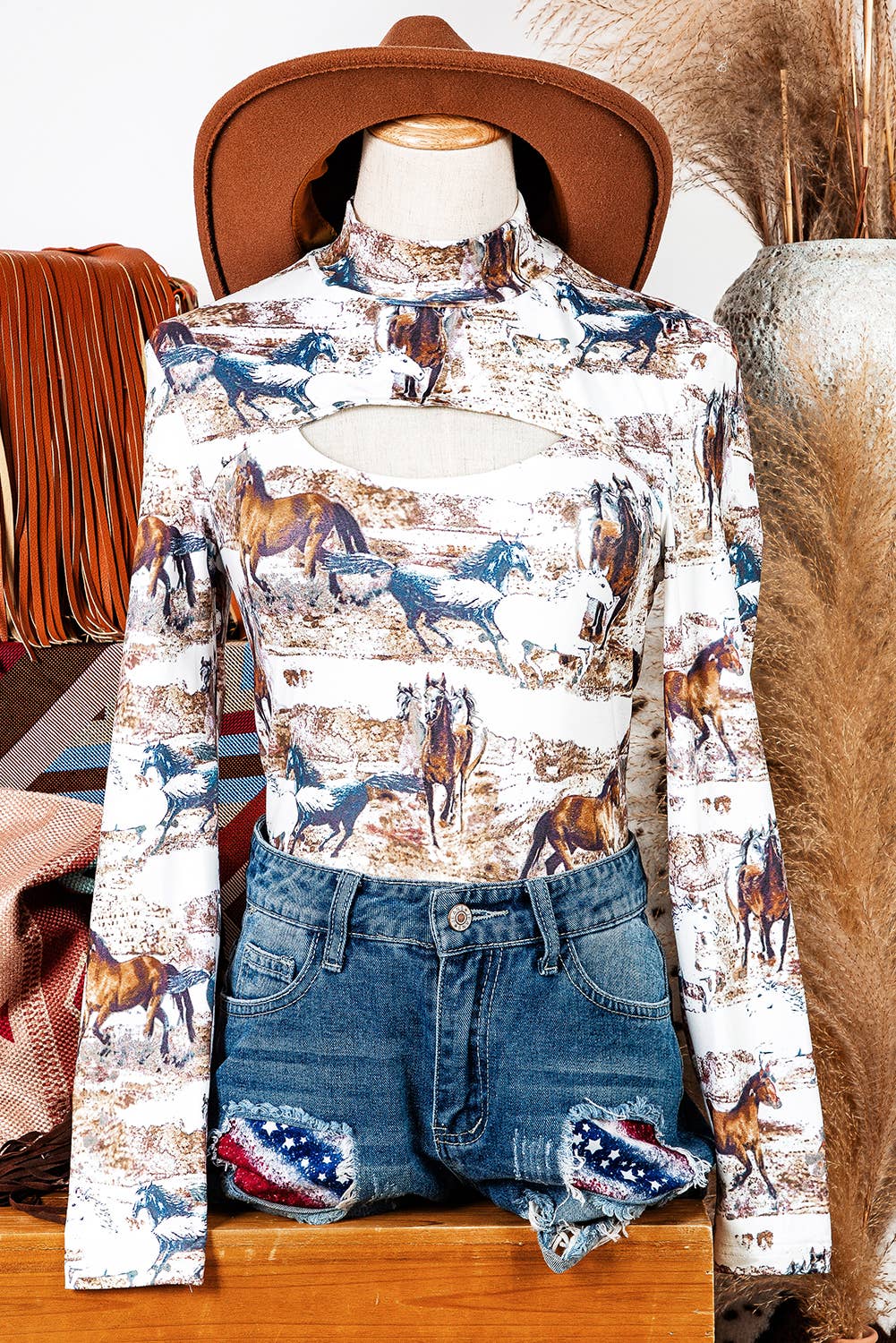 As shown Western Wild Horses Hollow-out High Neck Top Blouse for wholesale on Faire2