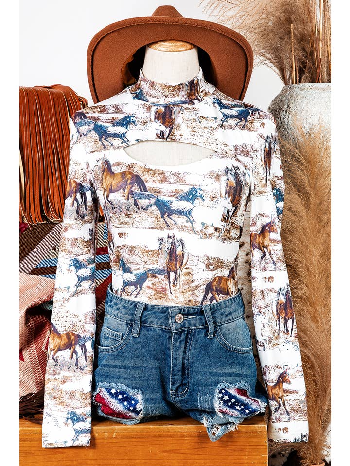 As shown Western Wild Horses Hollow-out High Neck Top Blouse for wholesale on Faire2