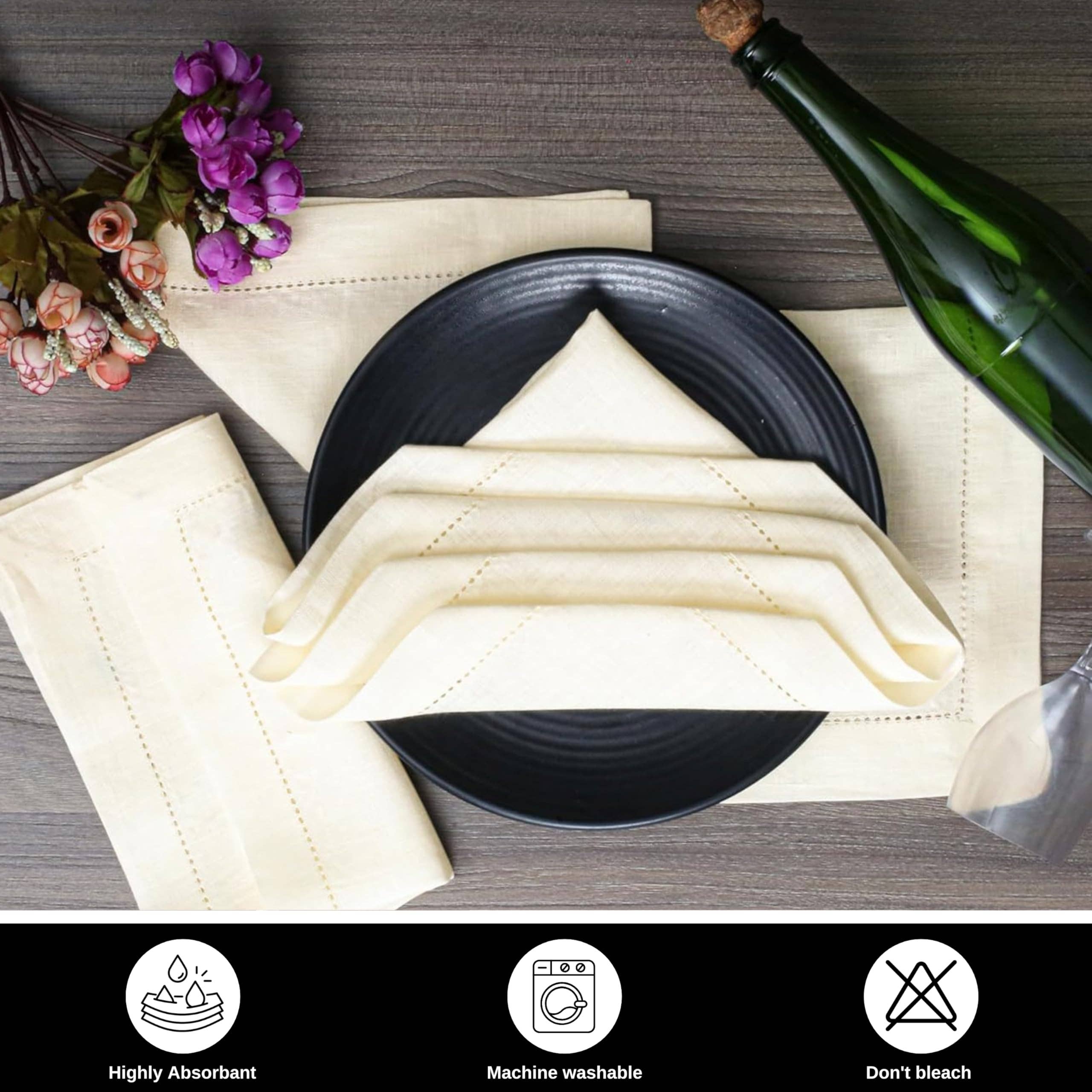 100% Linen Hemstitched Napkins - Set of 4, 18x18", off white for wholesale on Faire3