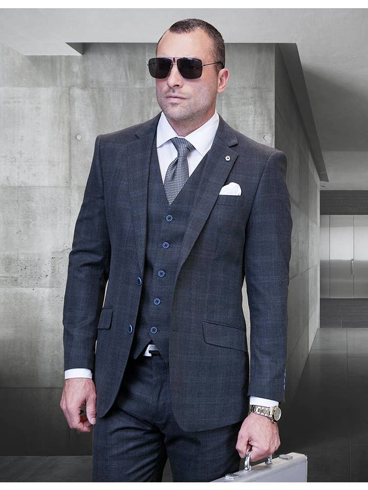 Statement Clothing - Wholesale Suit Set - Men's - Algani 3pc Plaid Tuxedo Set in Italian Wool