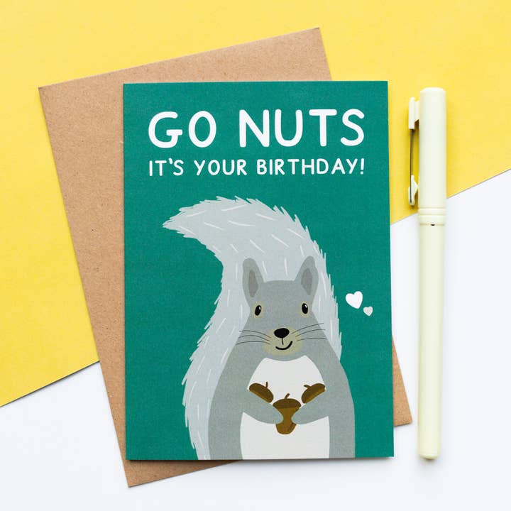 Squirrel Nuts fødselsdagskort | Punny Woodland Card for engroshandel hos Jeff and the Squirrel