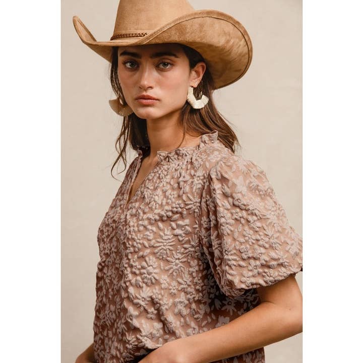 IVE - Wholesale Knit Top - Women's - FLORAL PATTERN TEXTURE SHORT BALLOON SLEEVES TOP5